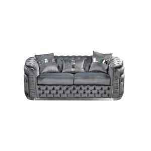 2 Seater Sofa Grey Velvet Fabric Solid Wood construction Silver Stainless Steel Trim