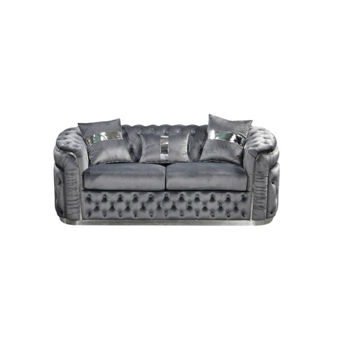 2 Seater Sofa Grey Velvet Fabric Solid Wood construction Silver Stainless Steel Trim