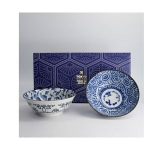 2pc Tokyo Design Porcelain Bowl Set Blue Japanese Pattern 19cm Gift Boxed