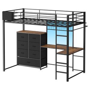 Ufurniture Loft Bed Frame with L-Shaped Desk and 7 Storage Drawers Single Black