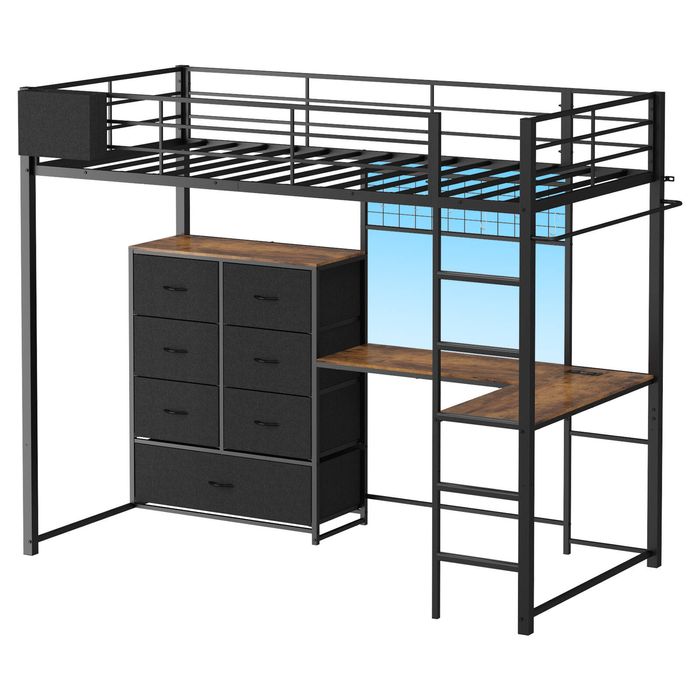 Ufurniture Loft Bed Frame with L-Shaped Desk and 7 Storage Drawers Single Black