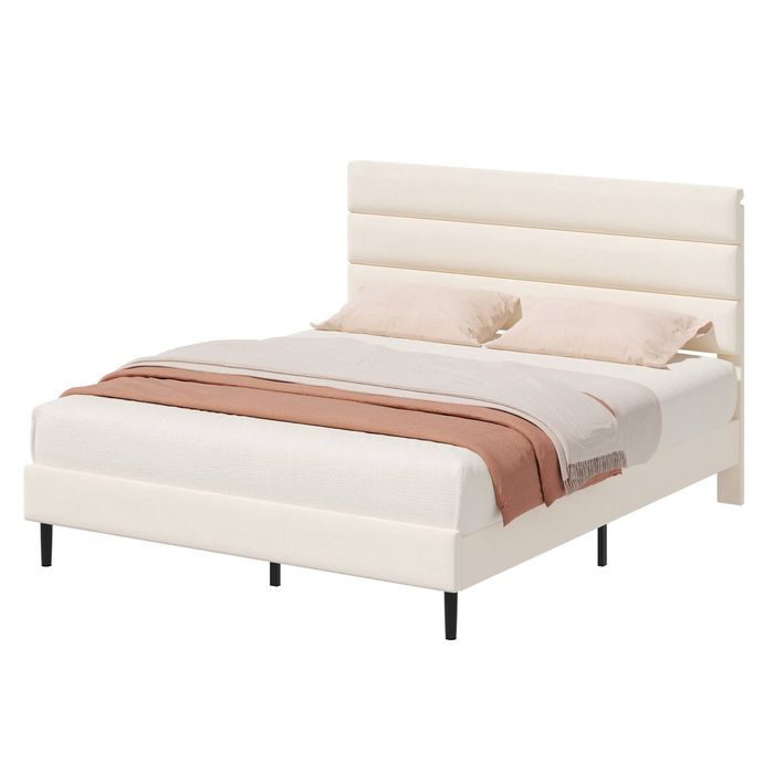 Advwin Double Velvet Upholstered Bed Frame with Wooden Slats Beige