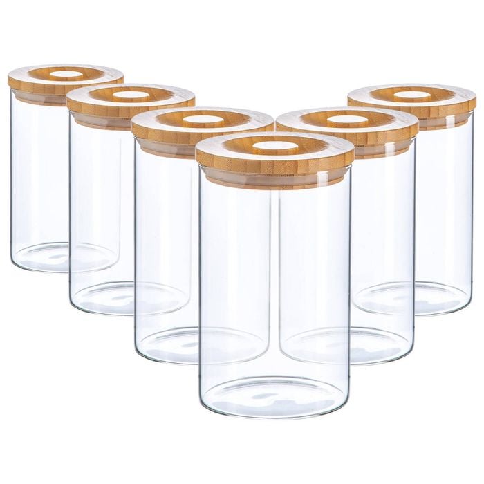 Argon Tableware Glass Storage Jars -wooden Lid - 1l - Modern Round Scandi Organisation Container Glass Jar - Set Of 6