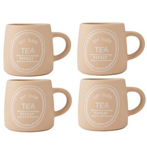 4PK Mikasa 400ml Eat Sleep Tea Repeat Coffee Mug Cup Stoneware Orange