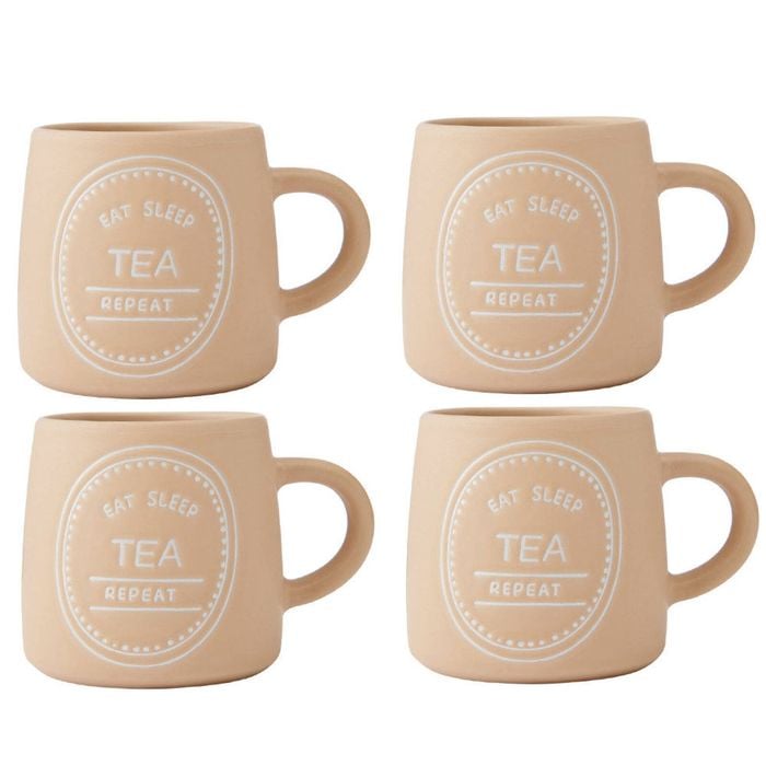 4PK Mikasa 400ml Eat Sleep Tea Repeat Coffee Mug Cup Stoneware Orange