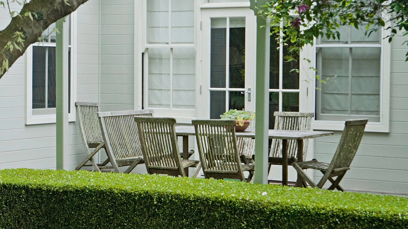 English box hedge creating boundaries and zones in a traditional backyard