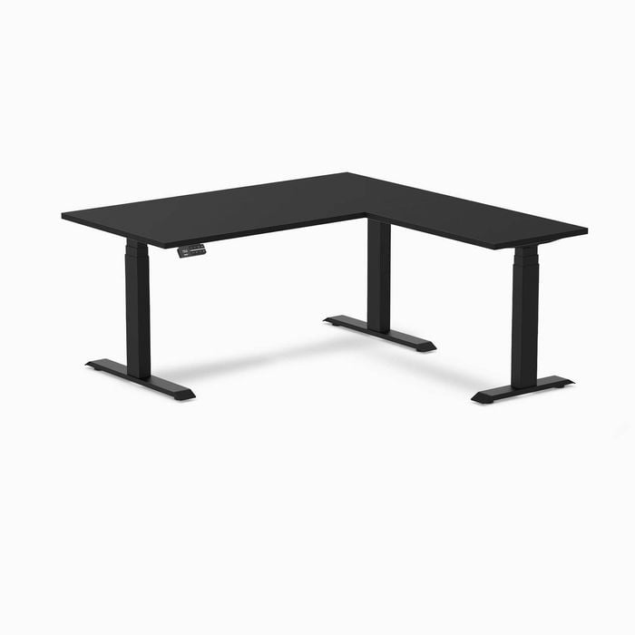 Desky Eco L-shape Sit To Stand Black Melamine Desk 1500x1550mm Matte Black Height Adjustable Leg