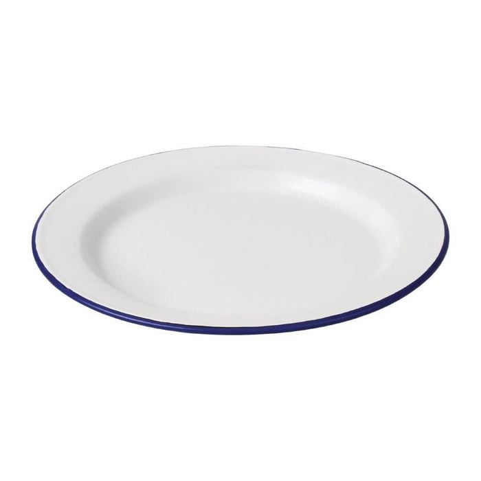 Olympia Enamel Dinner Plates Classic White Blue Rim 300mm 6 Pack Outdoor Picnic Tableware