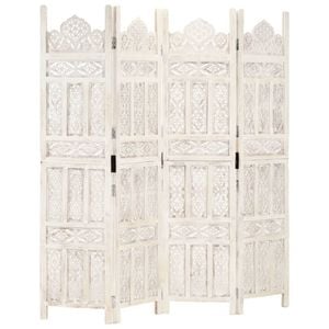 vidaXL Solid Mango Wood Hand carved 4-Panel Room Divider White 160cm Screen