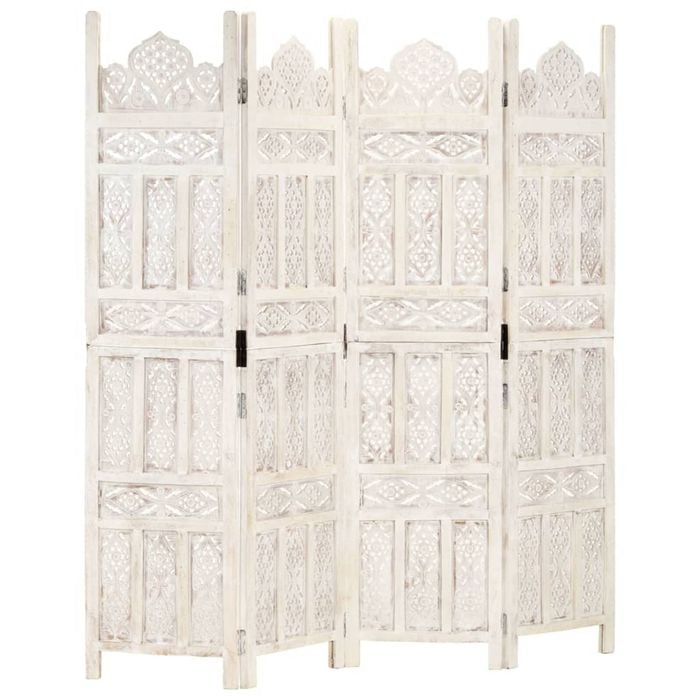 vidaXL Solid Mango Wood Hand carved 4-Panel Room Divider White 160cm Screen