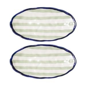 2pk Porto Sable Kitchen Oval Platter White & Sage Green Stripe 31cm