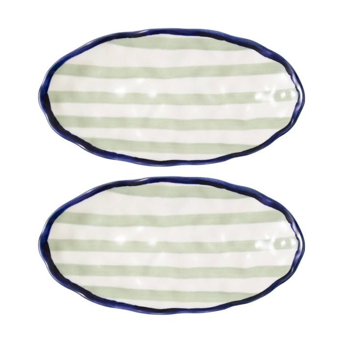 2pk Porto Sable Kitchen Oval Platter White & Sage Green Stripe 31cm