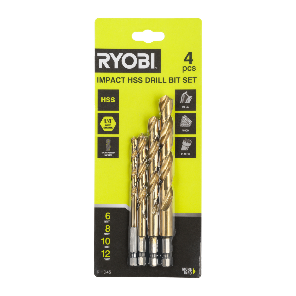 Ryobi 4 Piece Impact HSS Drill Bit Set - Bunnings Australia