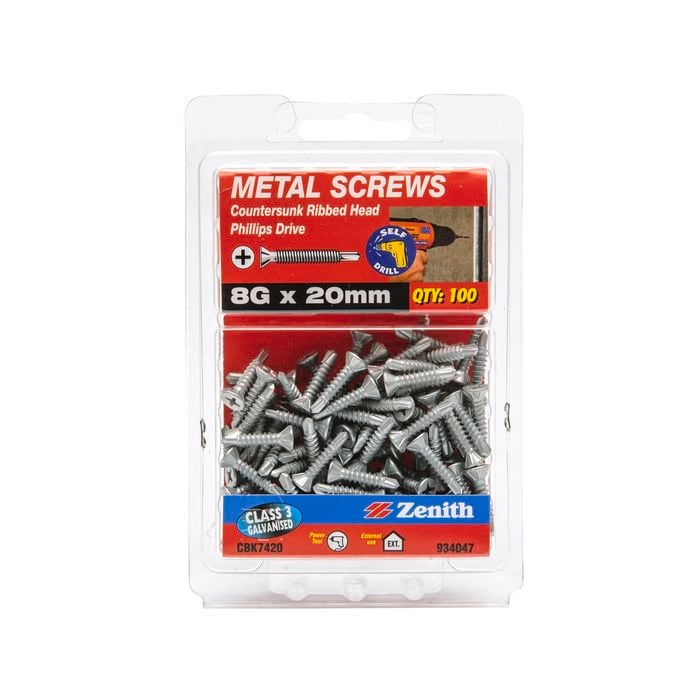 Zenith 8G x 20mm Galvanised Countersunk Ribbed Head Metal Screws - 100 Pack