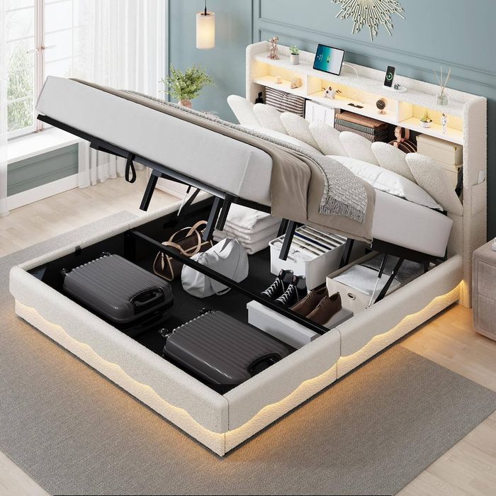 Homfurn King Bed Frame with Storage, Gas Lift Bed King Boucle Fabric with LED Lights & Charging Station, Noise Free, Beige