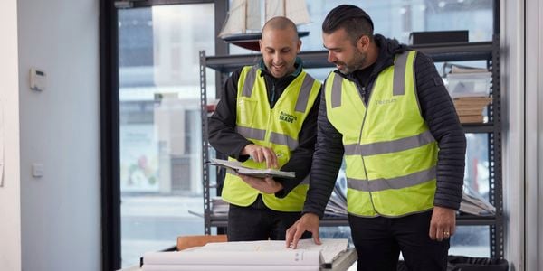Bunnings trade team members looking at plans.