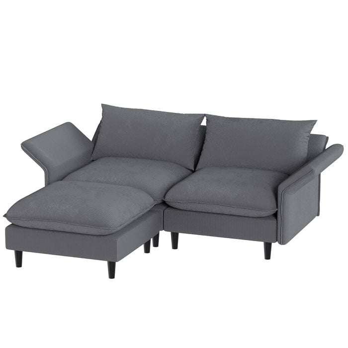 Advwin 160cm Loveseat Sofa with Ottoman Corduroy Sectional Couch with Adjustable Backrest & Armrest Grey