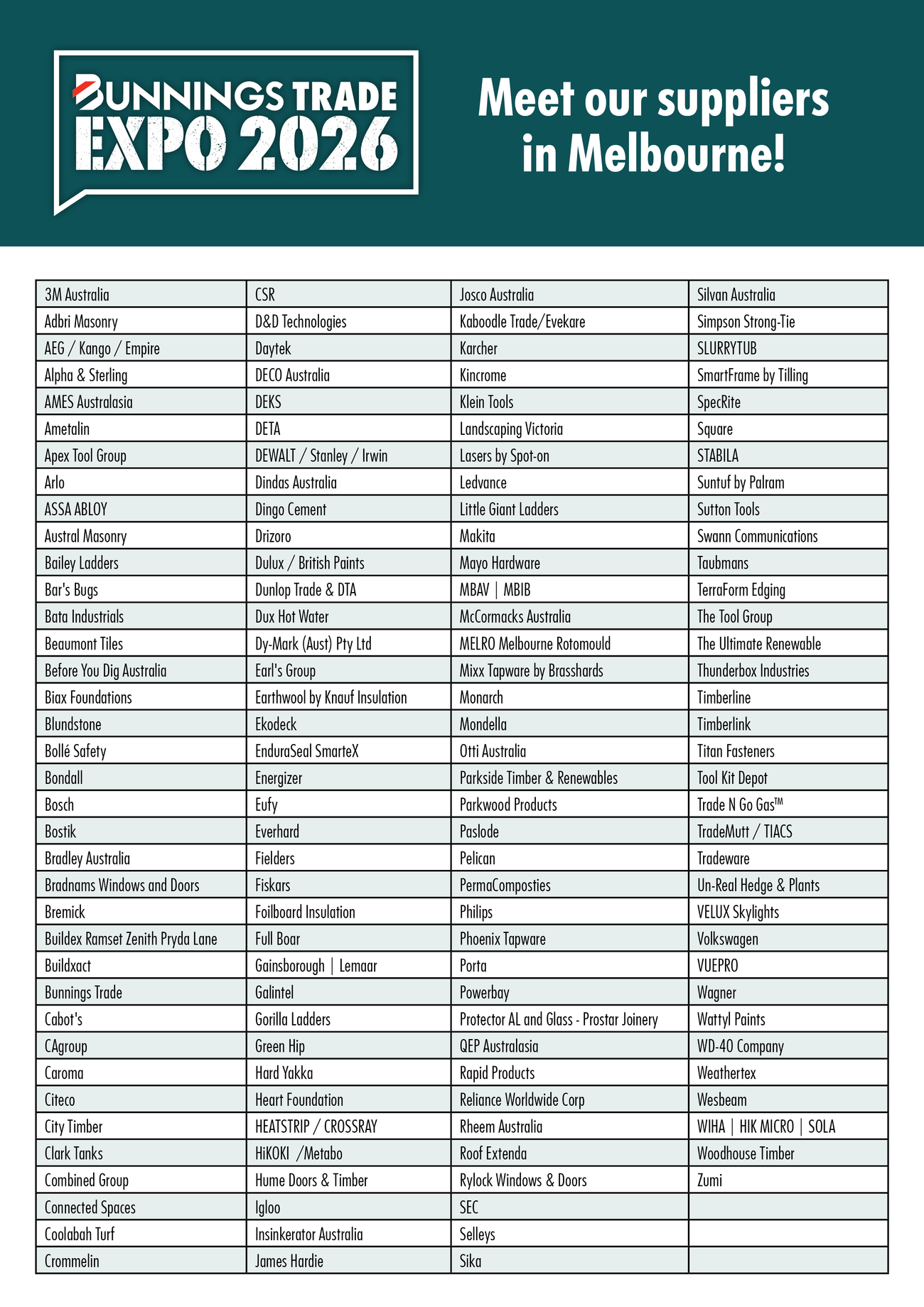 Trade Expo 2026 Melbourne Supplier List