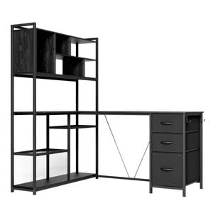 Ufurniture 148 cm L Shaped Computer Desk with Reversible Storage Bookshelf Corner Gaming Desk with LED Lights Black