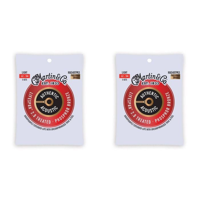 2x 3PK Martin Guitar MA540TPK3 Authentic Treated Strings 92/8 Phosphor Light