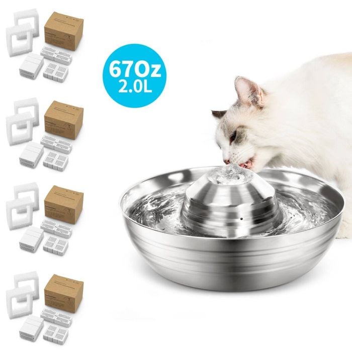 YES4PETS 2L Automatic Electric Pet Water Fountain Dog Cat Stainless Steel Dispenser 33x Filters