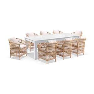 Santorini 2.5 Outdoor Aluminium Dining Table White With 8 Malawi Style Chairs & Wheat/cream Cushions