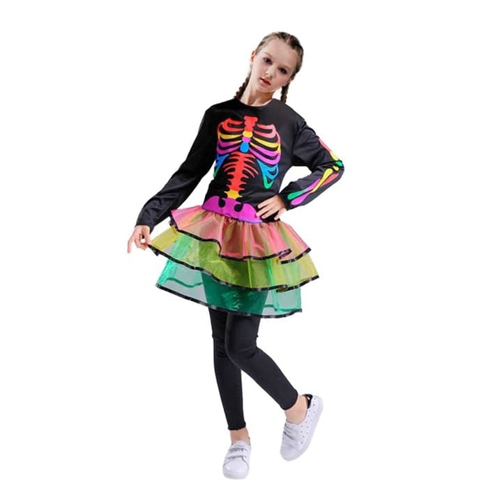 More Than Party Rainbow Skeleton Halloween Costume Colourful Dress Legging 10-12