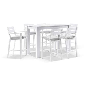 Santorini Outdoor Aluminium 1.5m Bar Table White With 6 Stools & Textured Grey Cushions
