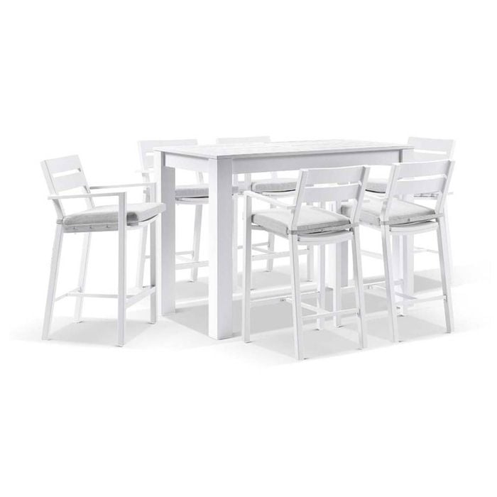 Santorini Outdoor Aluminium 1.5m Bar Table White With 6 Stools & Textured Grey Cushions