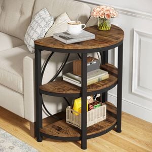 Oakory 60cm Half-moon 3-tier End Table Rustic Brown With Black Metal Frame