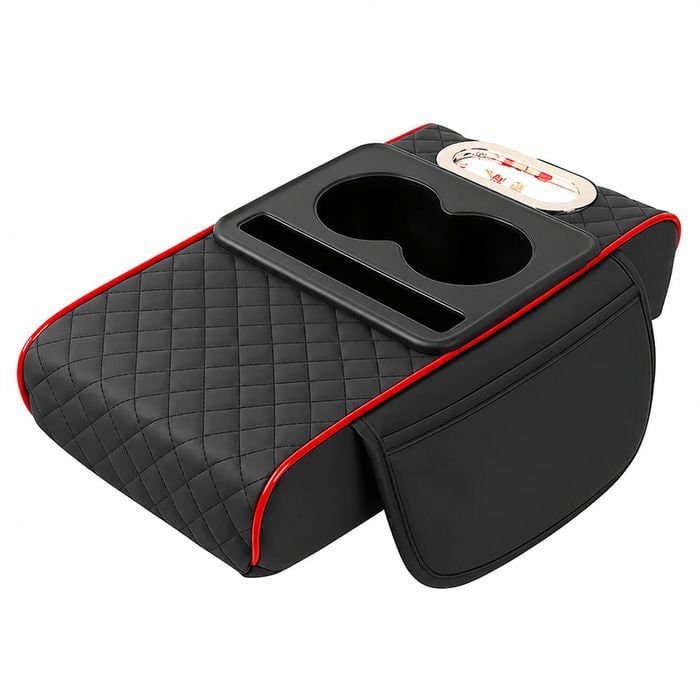 Catzon 3in1 Leather Car Armrest Storage Box Armrest Box Booster Pad Car Interior Accessories-blackred