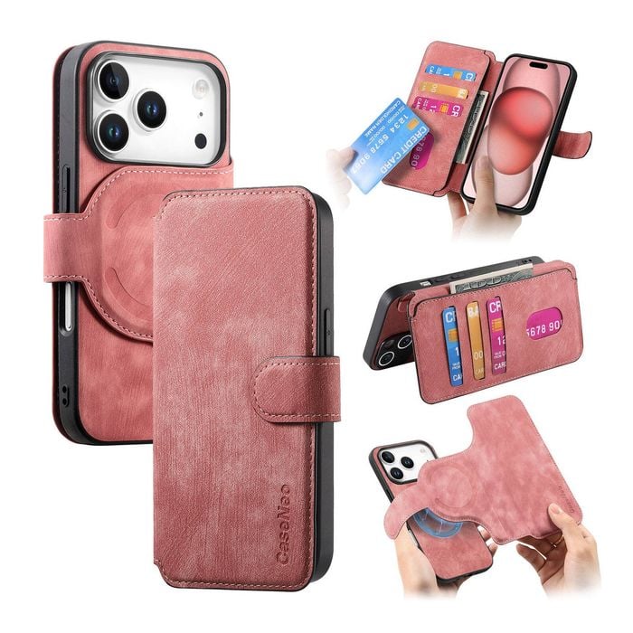 For iPhone 17 Pro Max (6.9") Detachable Wallet Case Flip Leather Magsafe Magnetic Cover (Pink)