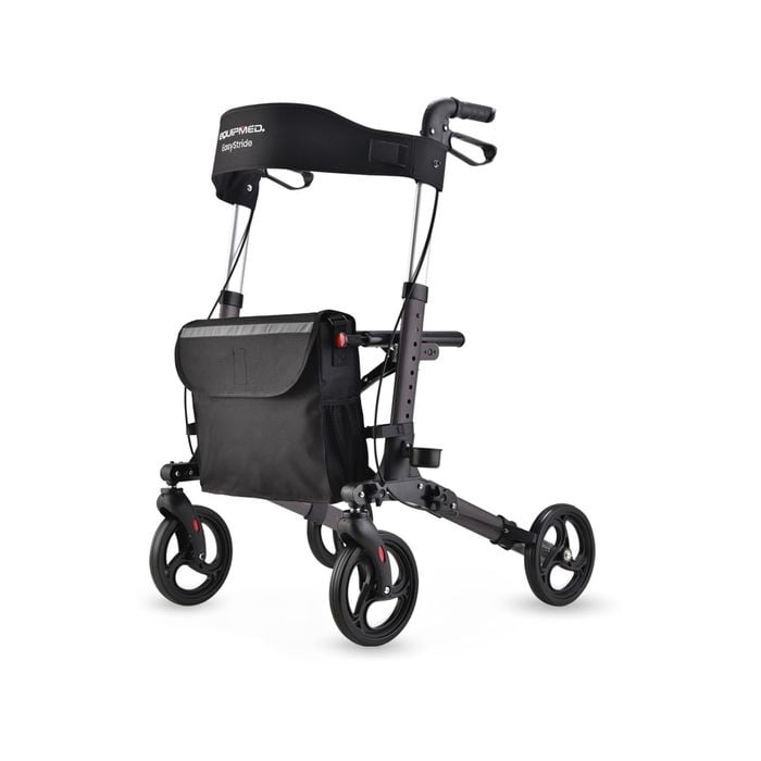 EQUIPMED Foldable Aluminium Walking Frame Rollator with Bag and Seat, Titanium Colour