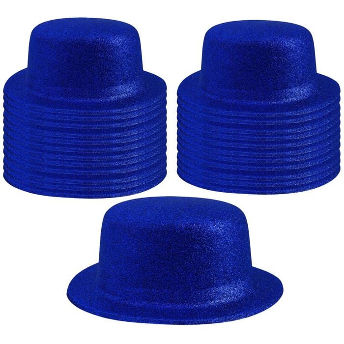 24x GLITTER BOWLER HAT Fancy Party Plastic Costume Cap Fun Dress Up Sparkle BULK Blue