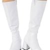 Women's 60s Go-Go Boots – Knee High Vinyl Halloween Costume Footwear with Square Heel White Colour, ADULT