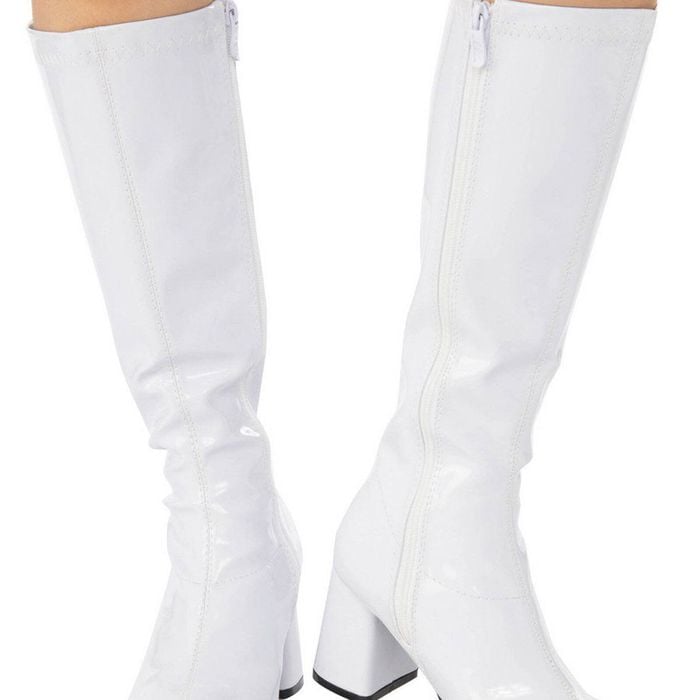 Women's 60s Go-Go Boots – Knee High Vinyl Halloween Costume Footwear with Square Heel White Colour, ADULT