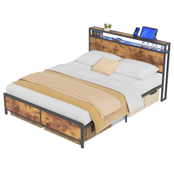 Advwin Bed Frame Double Size with Charging Station and RGB LED Lights Storage Headboard