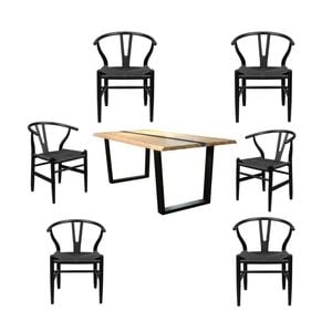 Dori 7pc Dining Table Set 7 Wishbone Black Chair Natural