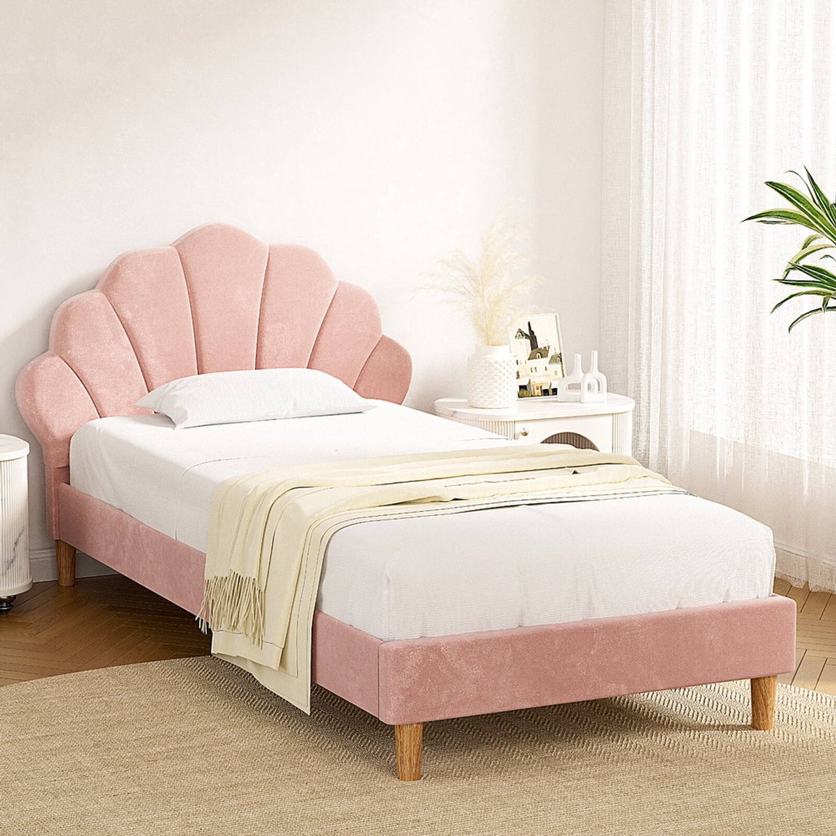 Artiss Bed Frame King Single Scallop-Shape Bedhead Beds Base Pink