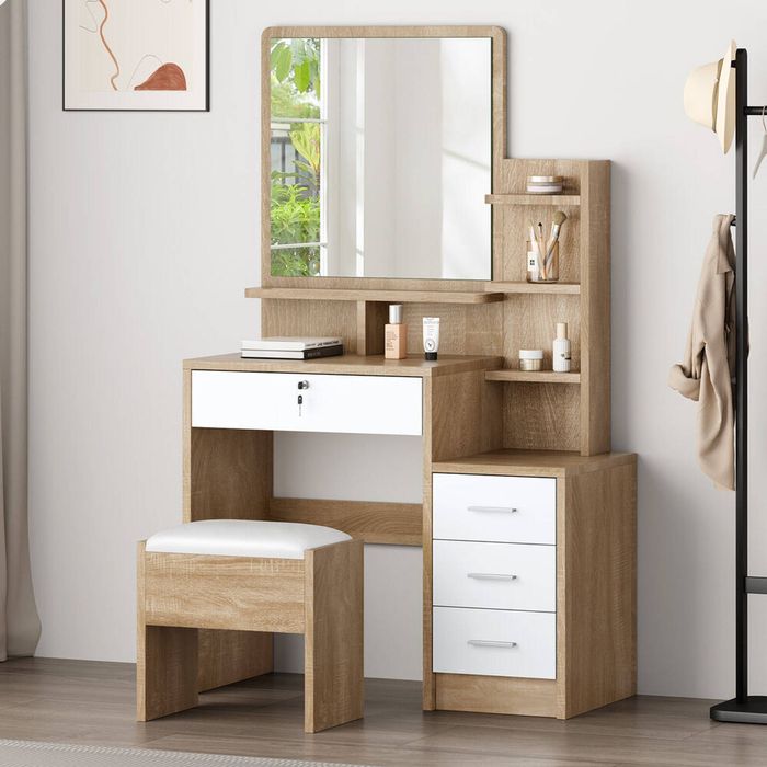 Alfordson Dressing Table Stool Set Makeup Mirror Wood