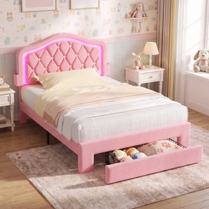 Advwin LED Velvet Bed Frame with Adjustable Headboard and Storage Drawer King Single Pink