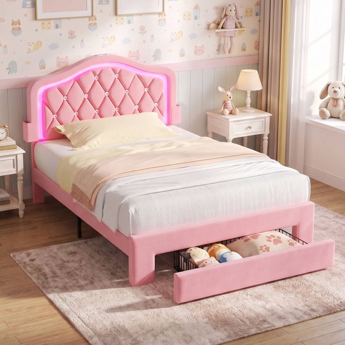 Advwin LED Velvet Bed Frame with Adjustable Headboard and Storage Drawer King Single Pink