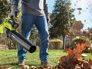 Person using a leaf blower to remove leaves off grass