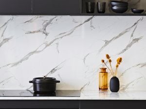 Marble splashback in kitchen.