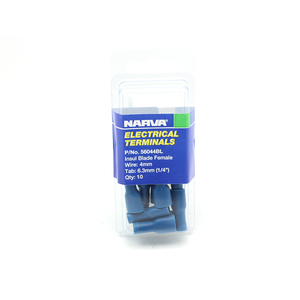 Narva 4 / 6.3 x 0.8mm 1/4" Blue Double Crimped Flared Vinyl Fully Insulated Female Blade Terminal - 10 Pack