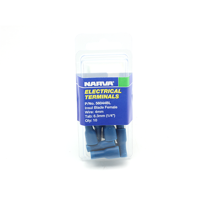 Narva 4 / 6.3 x 0.8mm 1/4" Blue Double Crimped Flared Vinyl Fully Insulated Female Blade Terminal - 10 Pack