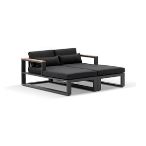 Balmoral Outdoor Aluminium And Teak Timber Daybed Lounge Charcoal & Denim Grey Cushions