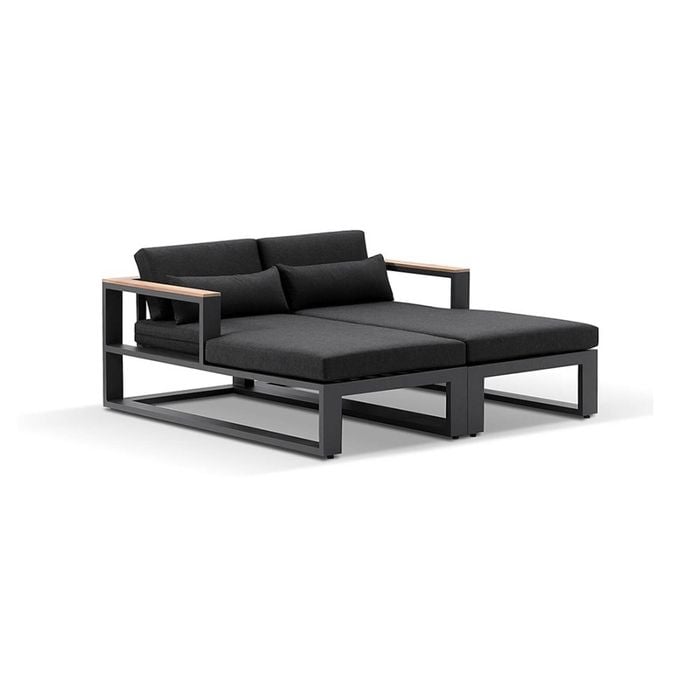 Balmoral Outdoor Aluminium And Teak Timber Daybed Lounge Charcoal & Denim Grey Cushions