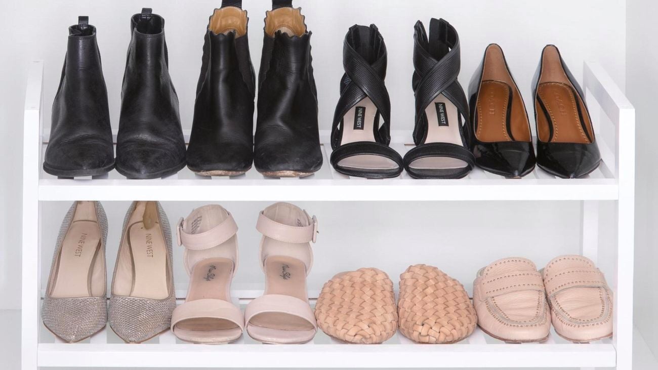Shoes on shoe rack.