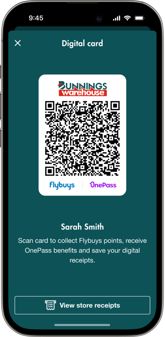 Flybuys and OnePass digital card on a mobile on the Bunnings App